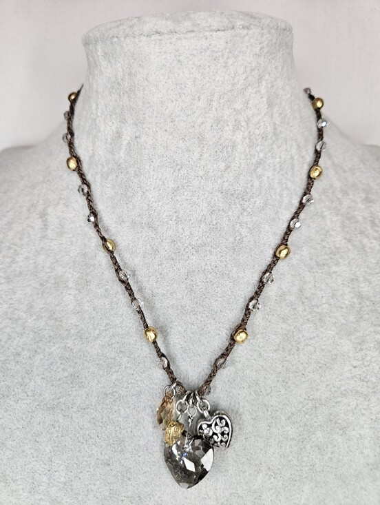 Brighton Jewelry - Brighton Karma Crystal Heart Charm Necklace Brown Braided Cord Silver Gold EUC